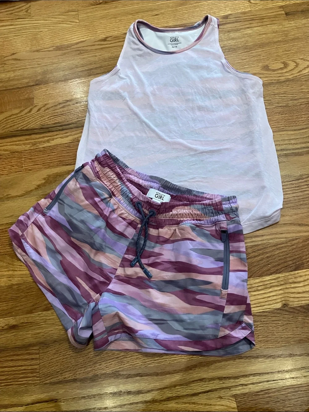 Athleta Girls Light Pink Tank with Pink & Purple Camo Shorts Sz 14 EUC